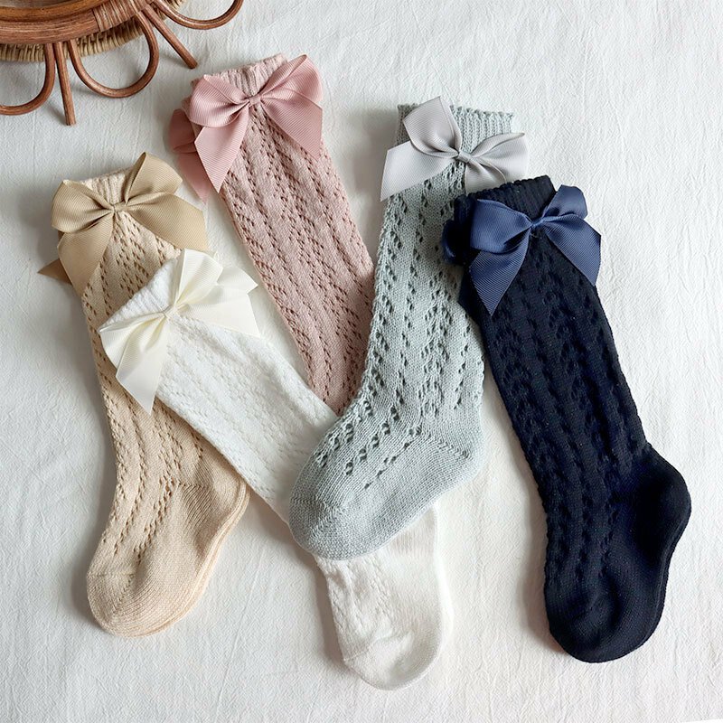 Baby Infants Kids Toddlers Girls Princess Knee High Socks Tights Leg Summer Thin Bow Solid Cotton Mesh Stretch Cute Sock 0-9Y