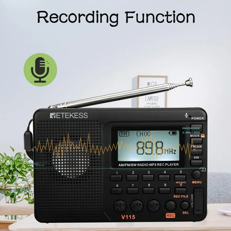 Retekess v115 fm/am/sw receptor de rádio baixo som mp3 player rec gravador rádio portátil com temporizador de sono cartão tf bolso portátil