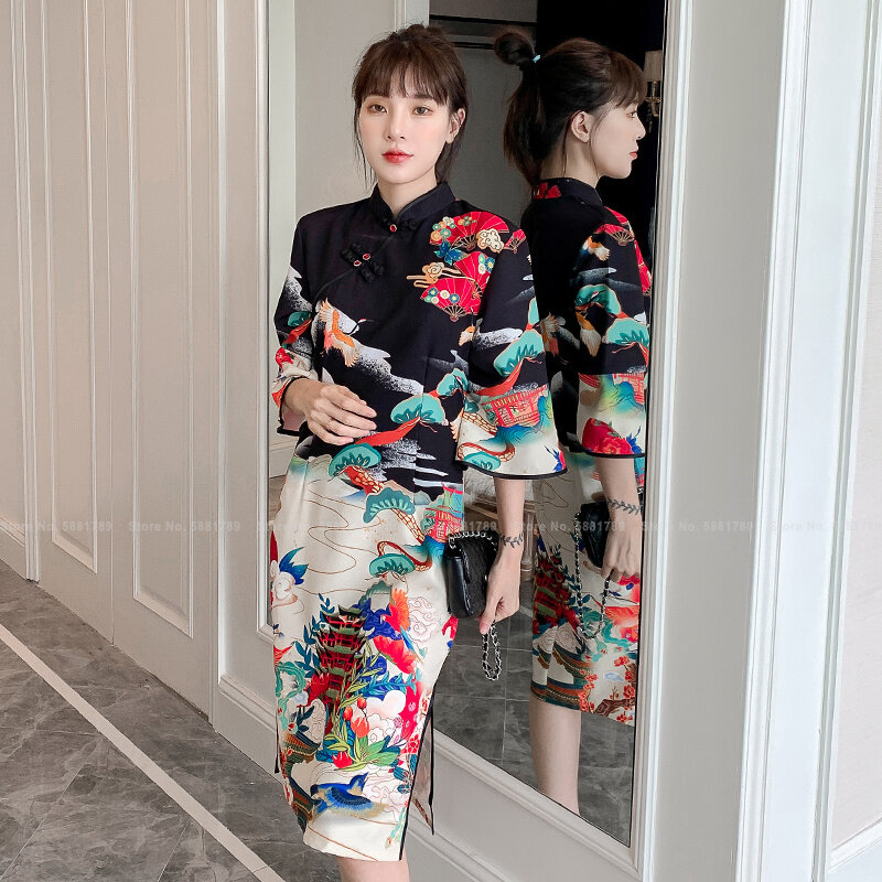 Chinese Stijl Cheongsam Mode Elegante Vrouwen Retro Qipao Jurk Lady Party Vintage Vestidos Print Traditionele Oosterse Kleding