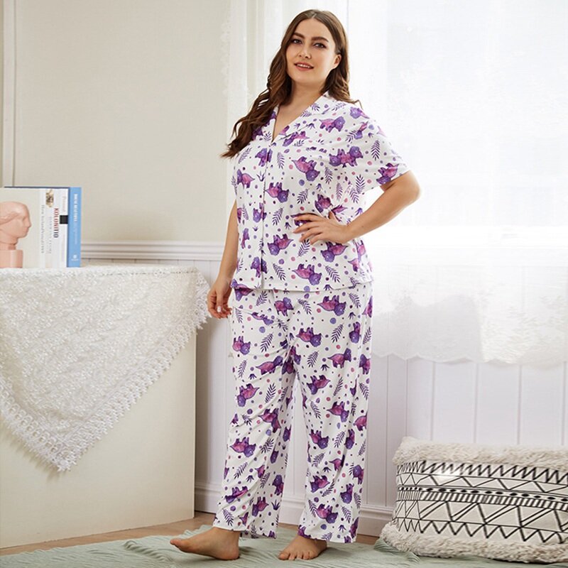 Feminino casual pijamas conjunto de manga curta impressão botão lapela serviço de casa conjunto de duas peças feminino verão conjunto de pijamas