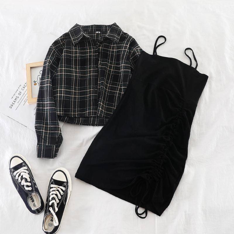 2020 New Ins female two-piece suit early autumn plaid short shirt jacket + solid suspender skirt dress