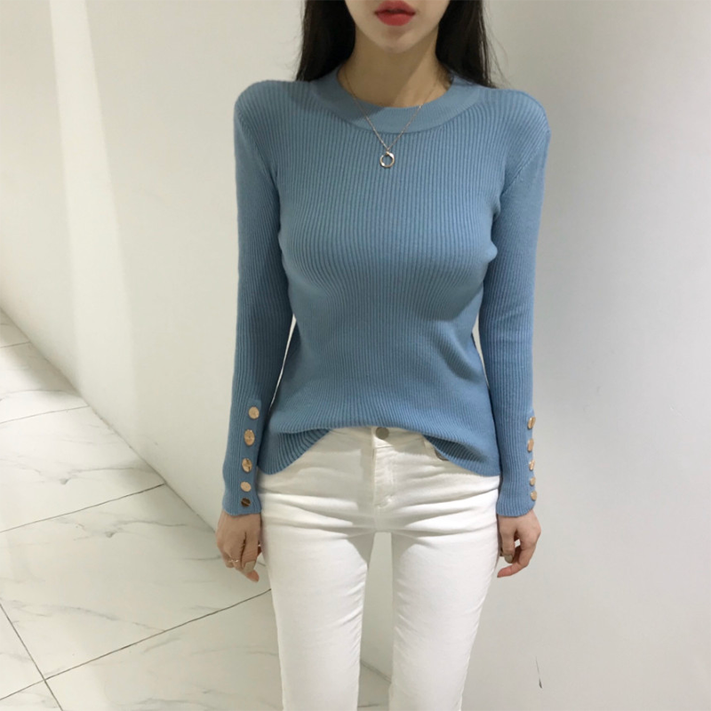 Tops de punto con Base blanca de moda coreana para mujer, suéter elegante ajustado con cuello redondo y una hilera de botones, otoño e invierno, 2021
