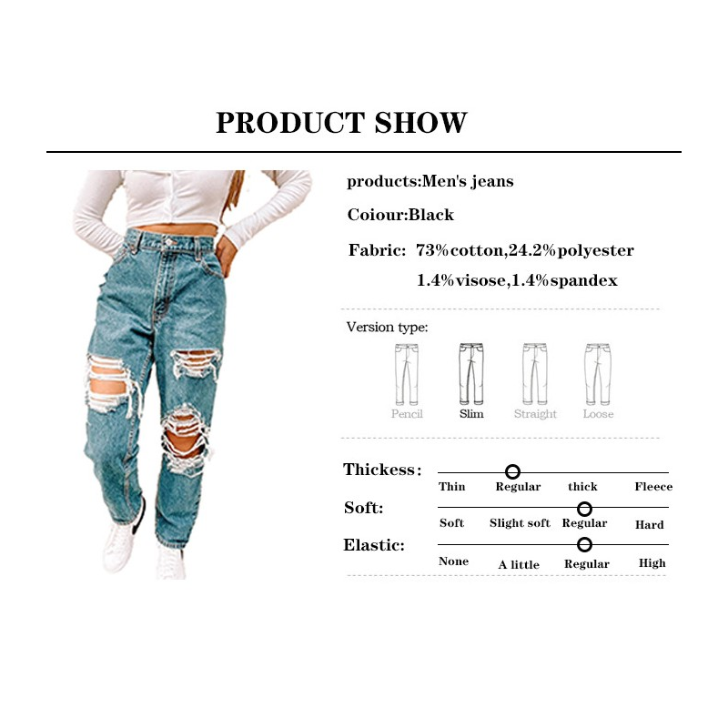 New Hollow Ripped Straight Womens Jeans Blue Punk Loose High Waist Mother Boyfriend Oversized Street Fashion Pants -40