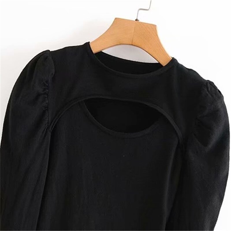 TRAF2020 Women's Fashion Rib Knit Top Casual Slim Thin Sweater Sexy Hollow Pullover Jacket Streetwear