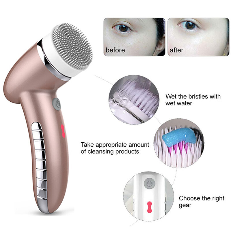 Escova elétrica 4 em 1 para limpeza facial, vibração sônica, mini limpador facial, silicone, limpeza profunda dos poros, massagem facial à prova d'água