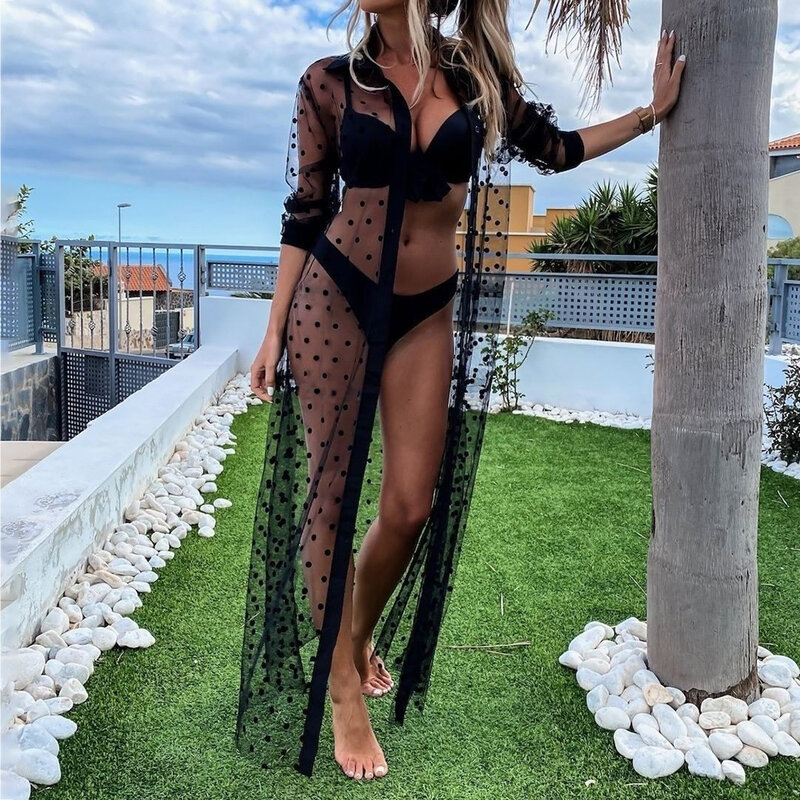 2021 moda mulher polka dot praia blusa sexy lapela manga longa malha perspectiva cobrir para a vida diária e férias