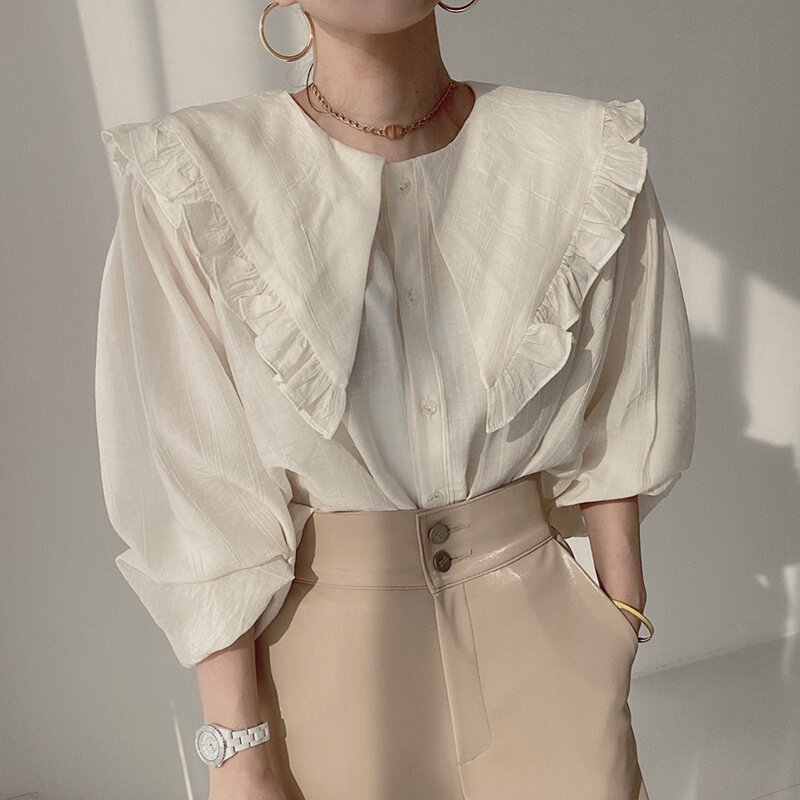 Camisa coreana para mujer, blusa elegante con solapa grande bordado de borde, diseño de una sola hilera de botones, manga larga informal suelta