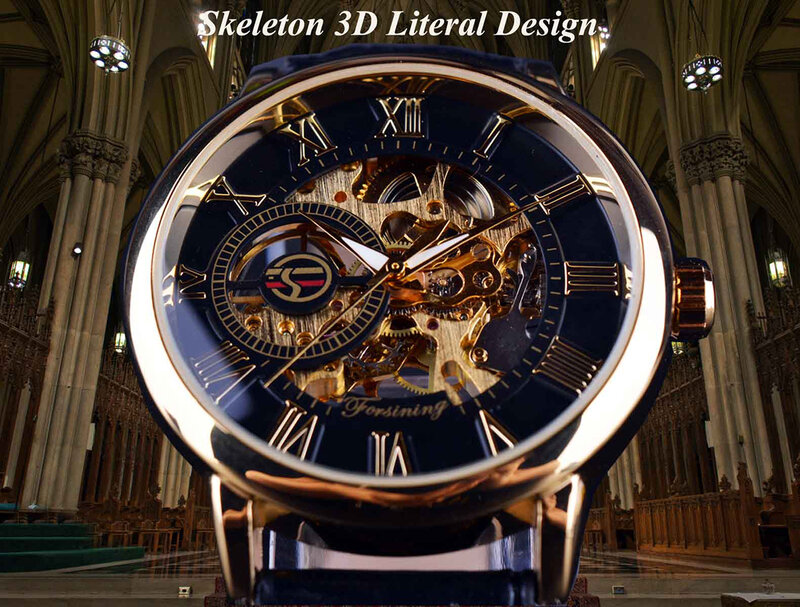 Forsining 3d logo design oco gravura em ouro preto caso esqueleto de couro relógios mecânicos homens marca de luxo heren horloge