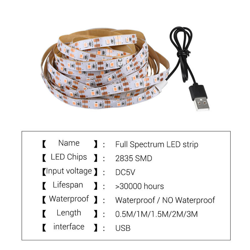Phytolamp-Tira de luz LED para cultivo de plantas, 0,5 m, 1m, 2m, 3m, 2835 SMD, USB
