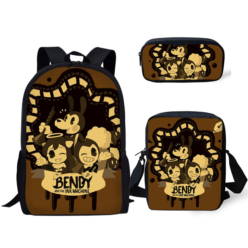 Halyunasc 3 pçs/set mochila escolar infantil dos desenhos animados bendy-tinta-máquina-jogo de design padrão sacos de escola adolescentes livro-sacos conjunto