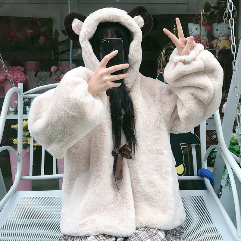 Inverno doce jaqueta bonito menina urso orelhas jk macio casaco de pelúcia para as mulheres do vintage engrossar manga longa kawaii lolita com capuz outweare