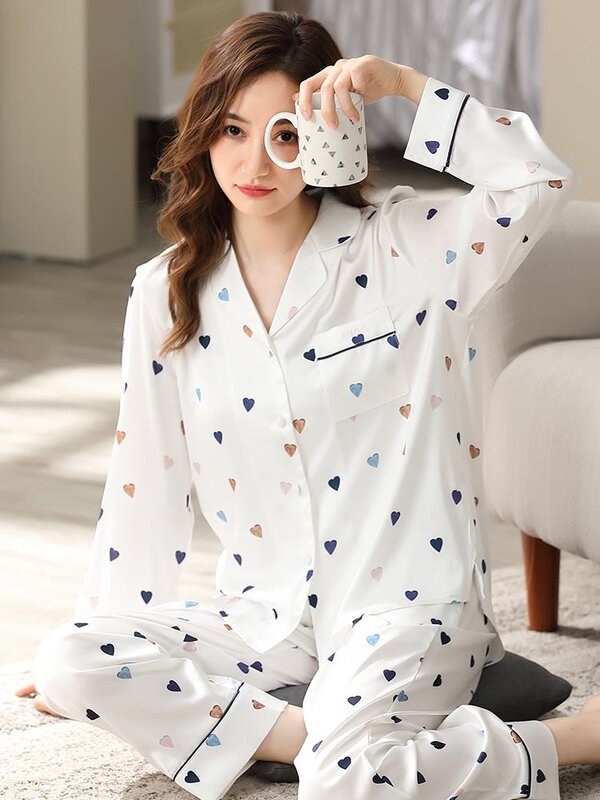 2022 Spring New Women Ice Silk Pajamas Sets 2 Pcs Pyjamas Nightshirt Heart Pattern Female Sleepwear Home Clothes Pijama Mujer