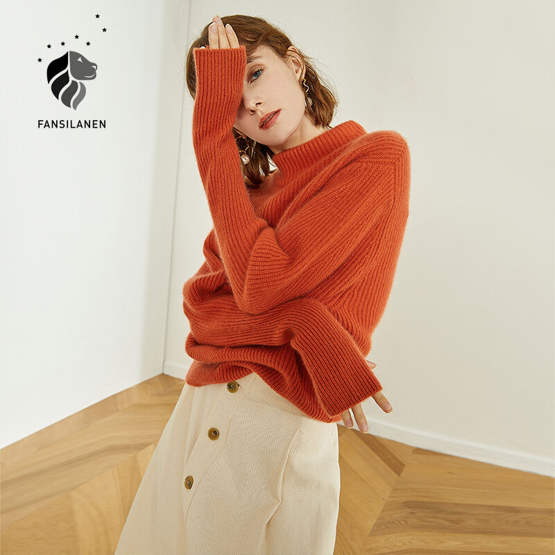 Женский вязаный свитер fansilзанен, оранжевый пуловер в стиле ретро с длинными рукавами и высоким воротником, вязаная одежда большого размера ...