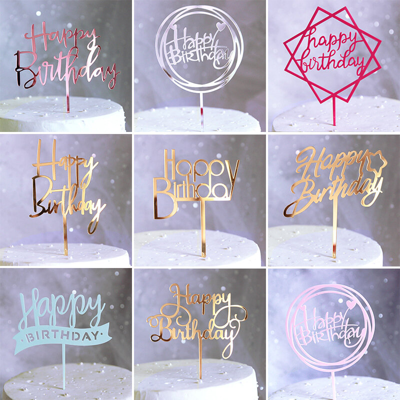Promocional Topper para tarta de feliz cumpleaños Oro Acrílico espejo Cupcake Topper para cumpleaños de niños adornos de pastel de fiesta bebé ducha