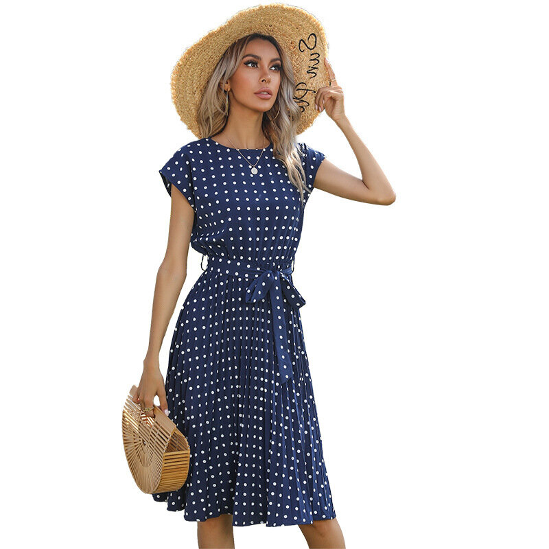 Polka Dots Kurzarm Plissierte Kleider Für Frauen Hohe Taille Midi Elegante Büro Grün Dame Dinner-Party Kleidung 2021 Sommer