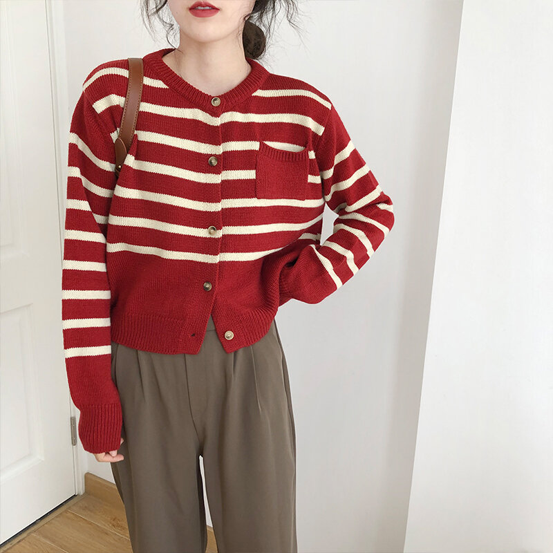 Gestreiften Pullover Jacke Frauen Strickjacke Lose Koreanische Lange Ärmeln Pullover Outwear Neue 2021 Frühling Herbst Weibliche