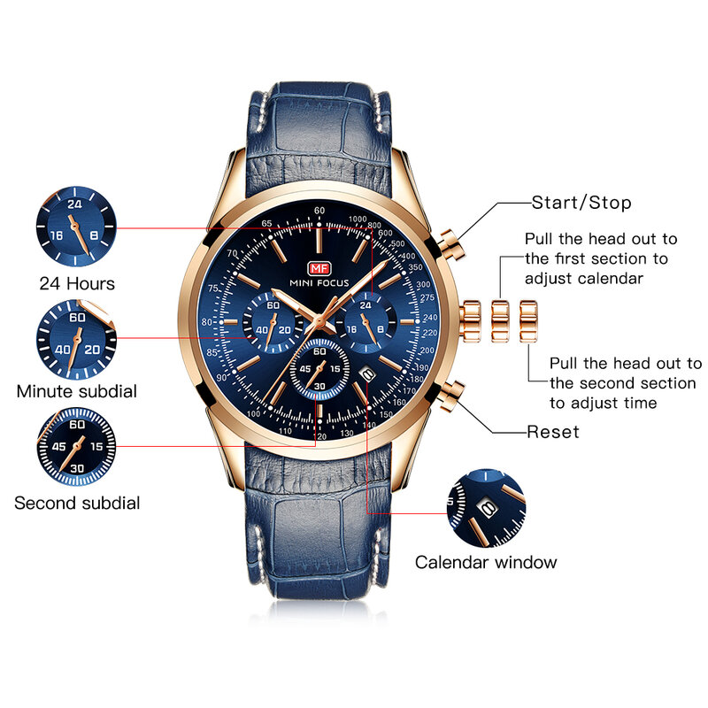 ミニフォーカススポーツ腕時計メンズ高級ブランドの革ストラップ多機能腕時計メンズ2021ファッションカジュアル時計 мужские часы ギフト