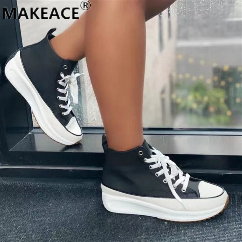 36-43 대형 두꺼운 밑창 여성 신발 작은 흰색 신발 가을 새로운 캔버스 높은 상위 신발 야외 레저 스포츠 신발