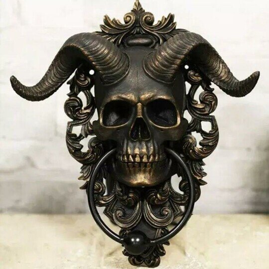 Horned GodSkull แขวนประตูแหวนนรกปีศาจ Horned Skull แขวน Knocker-Heavy Duty Gothic Doorknocker-Perfect Knockers