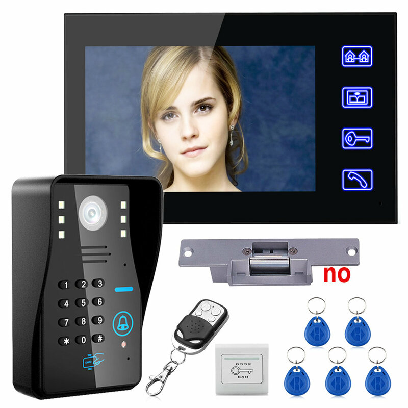 Kit Sistem Interkom Telepon Pintu Video Kata Sandi RFID LCD 7 Inci, Kunci Strike Elektrik + Buka Kunci Remote Control Nirkabel