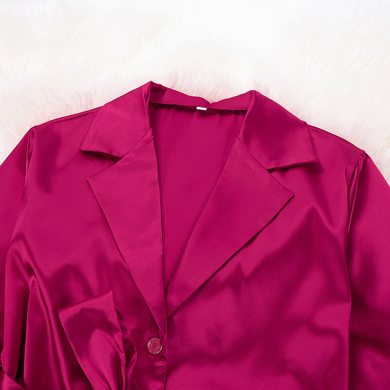 HiLoc Satin Pyjamas Für Frauen Nachtwäsche Seide Reine Farbe Langarm Zwei Stück Set Mit Schärpen Rot Rosa Kleidung Set 2021 frühling