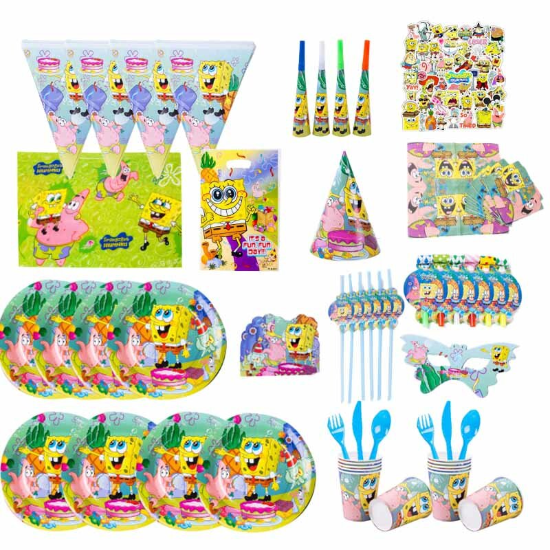 Sponge-Bob festa di compleanno decorazioni usa e getta stoviglie palloncini bicchieri di carta adesivo piatti di carta forniture per feste per bambini Faovr
