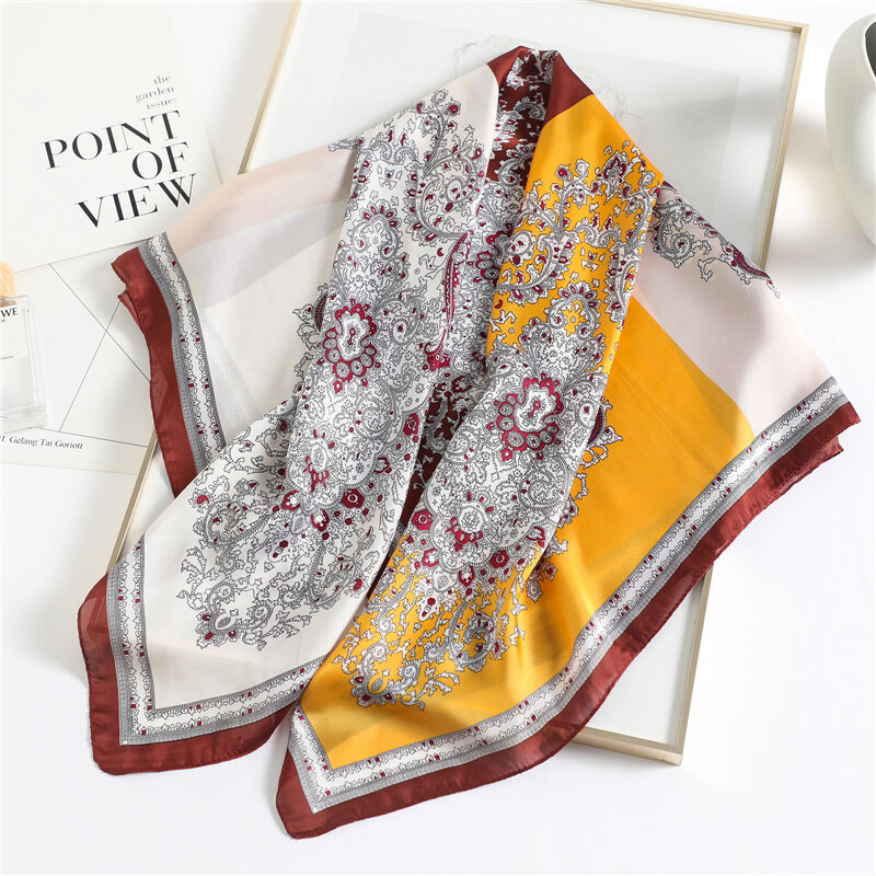 Pañuelo de seda satinada para mujer, bufanda cuadrada con estampado de 90cm, banda para el pelo, chales femeninos