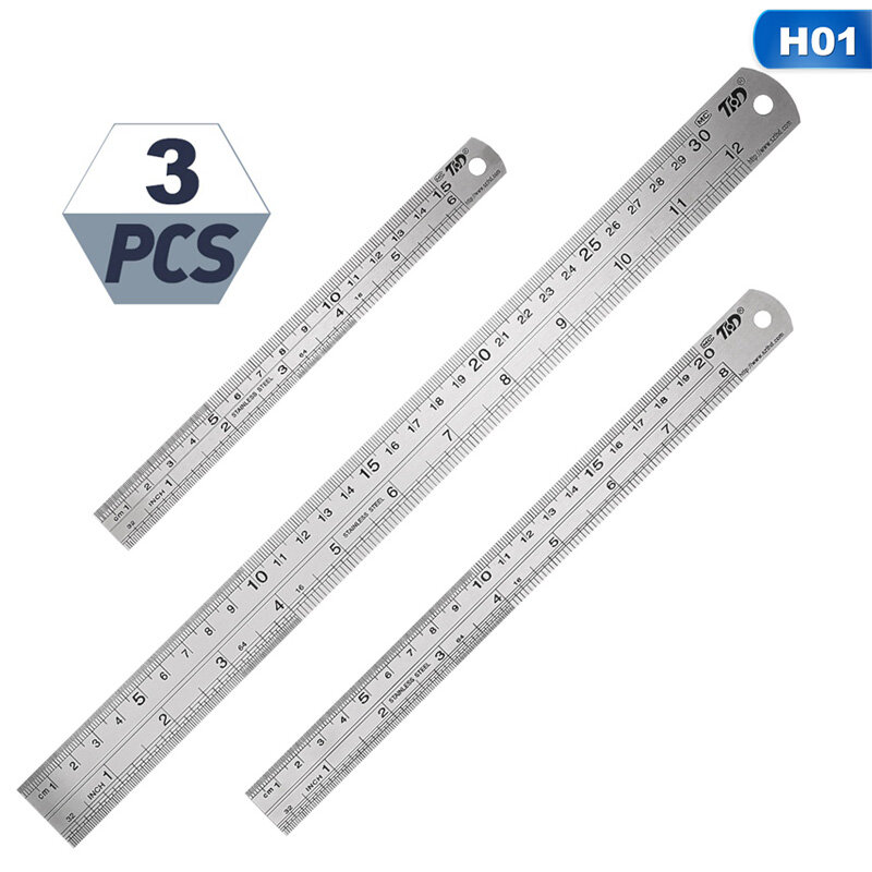 3 pces régua de aço ferramenta de desenho acessório 15/20/30cm de aço inoxidável metal régua reta métrica regra ferramenta de medição de precisão