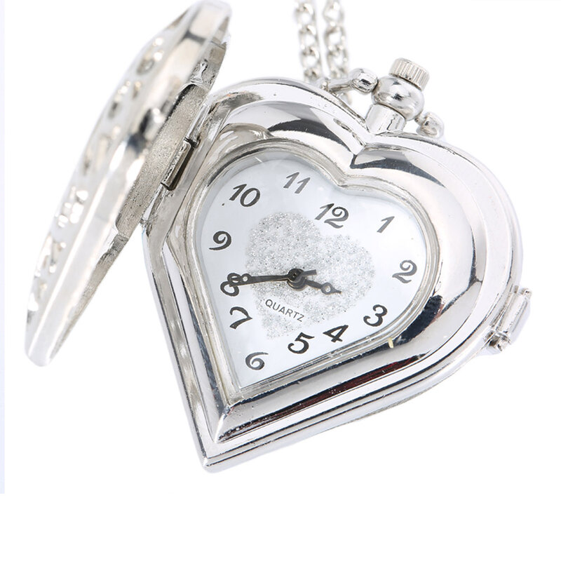 Hollow Quartz Heart Shaped Pocket Watch Necklace Pendant Chain Clock Women Gift SWD889