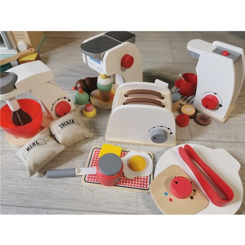 Dziecko drewniana zabawka kuchenna drewniany ekspres do kawy toster maszyna do lodów mikser do żywności sokowirówka piekarnik dla dzieci udawaj Motessori Toy
