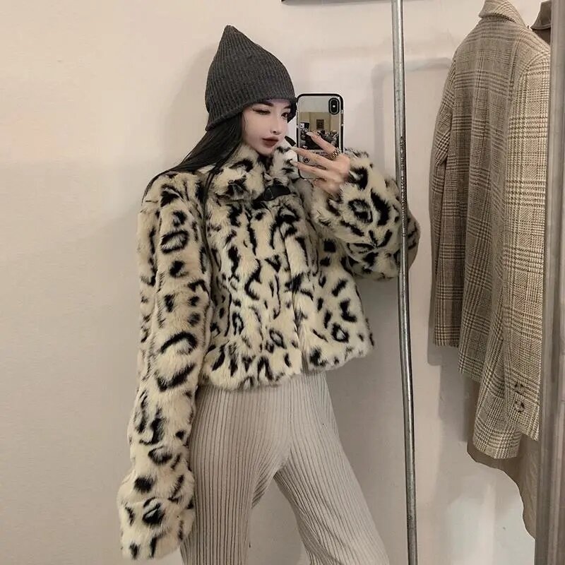 Fashion Leopard Short Furry Jacket Womens 2021 Autumn Winter Keep Warm Faux Fur Coat Woman Korean Turn-down Collar Plush Coats