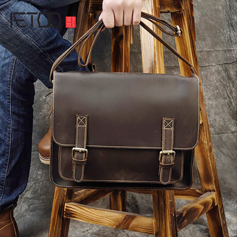 AETOO Vintage leather shoulder bag, men's crazy horse leather briefcase, first layer leather crossbody bag
