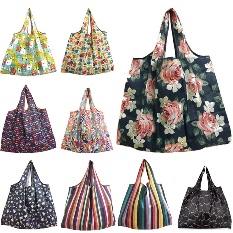2021 New Lady Foldable Recycle Shopping Bag Eco Reusable Shopping Tote Bag Cartoon Floral Printing Fruit Vegetable Grocery Pouch
