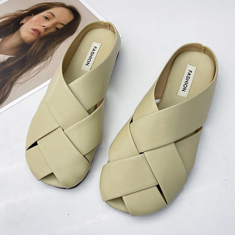 Pantofole Vintage donna 2021 estate nuovo Design a fascia incrociata tacchi bassi punta chiusa muli moda suola morbida appartamenti scarpe da donna mocassini