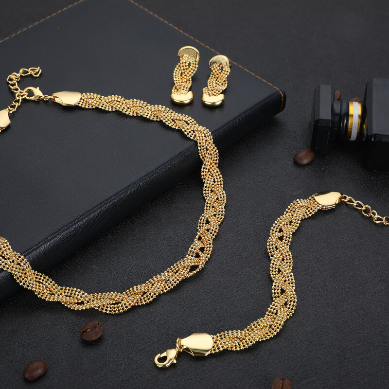Novo design colar conjunto tendência conjuntos de jóias africanas para mulheres colar e earing pulseira dubai ouro cor festa de casamento nupcial