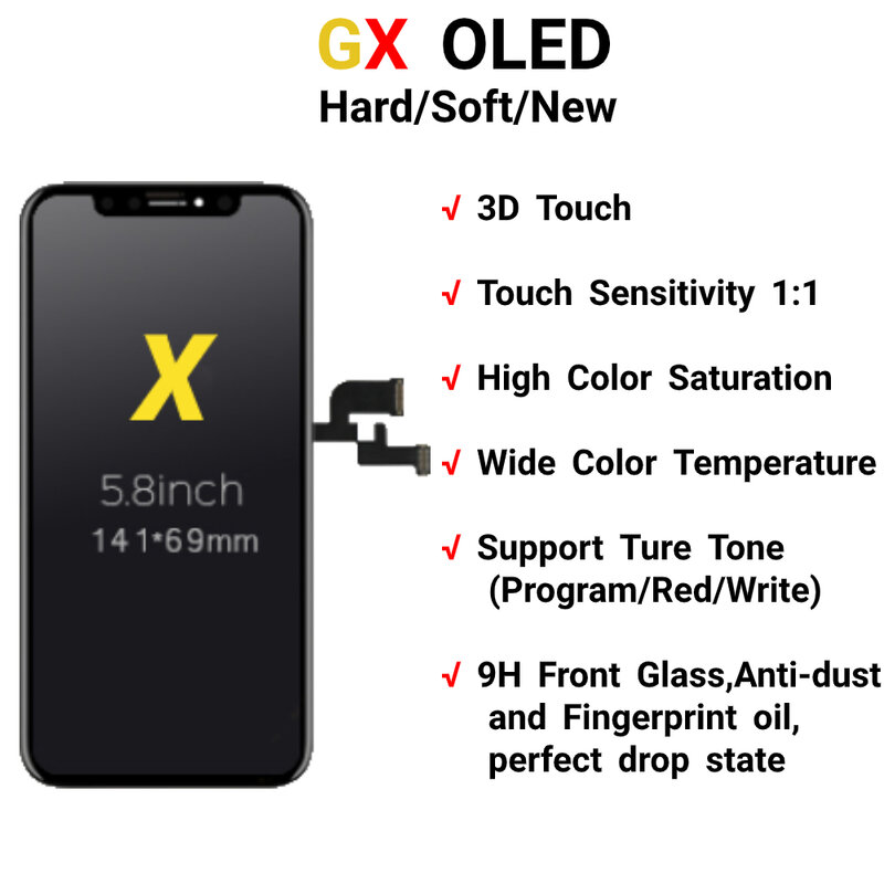 5 Buah AAA + + + Layar OLED GX untuk iPhone X Display Layar Pengganti Perakitan Digitizer Sentuh Pantalla Perfect Repair Hadiah Gratis
