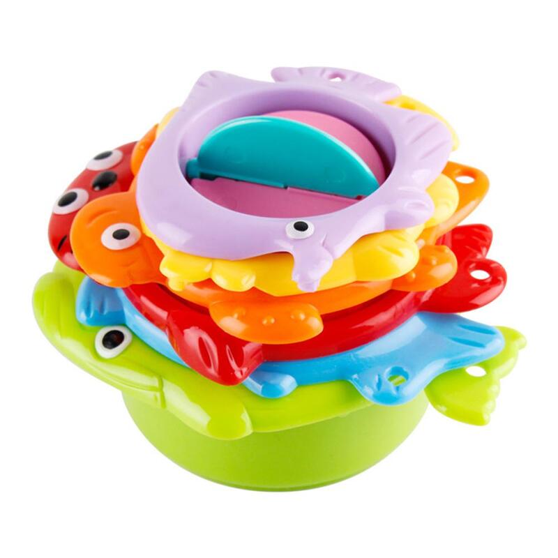 Kuulee Bathtub Stack Fish Cup Educational Baby Toys Rainbow Color Folding Tower Funny Plastic Piles Cup