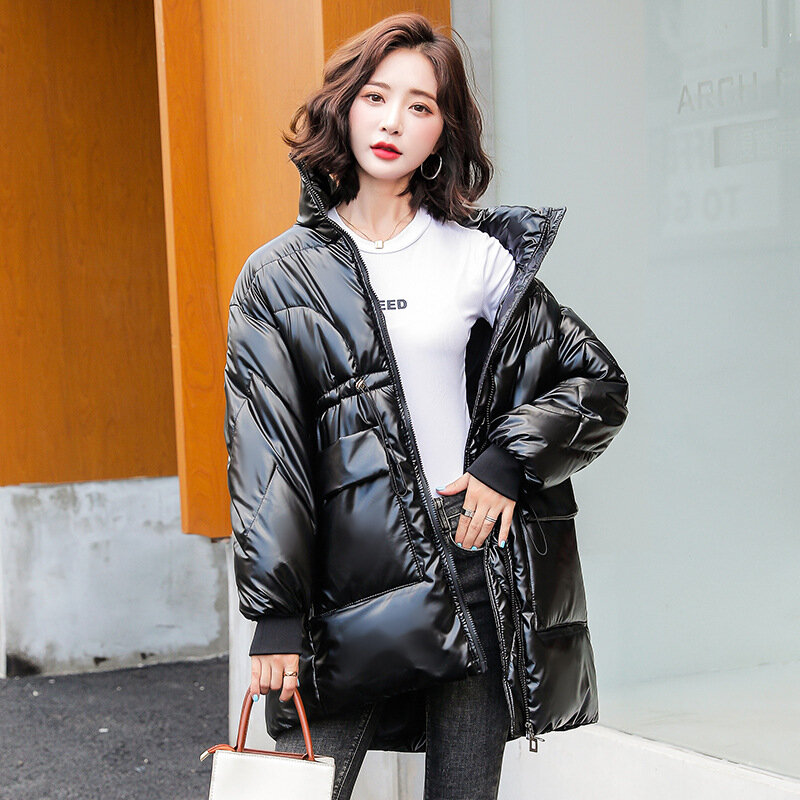 Chaqueta acolchada de algodón con plumón brillante para mujer, Abrigo acolchado de algodón de longitud media de estilo coreano, ropa de invierno, novedad de 2021