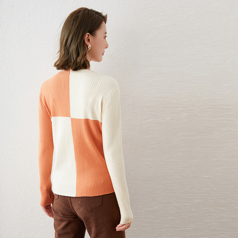 Outono inverno nova cor-bloqueio de mangas compridas camisola feminina em torno do pescoço pulôver magro curto parágrafo hit base de cor all-match