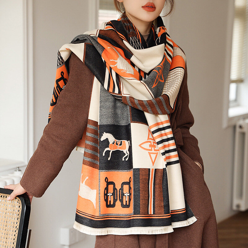 女性のためのレトロな暖かいスカーフ,イミテーションクロス,防風,厚手,両面,新秋と冬