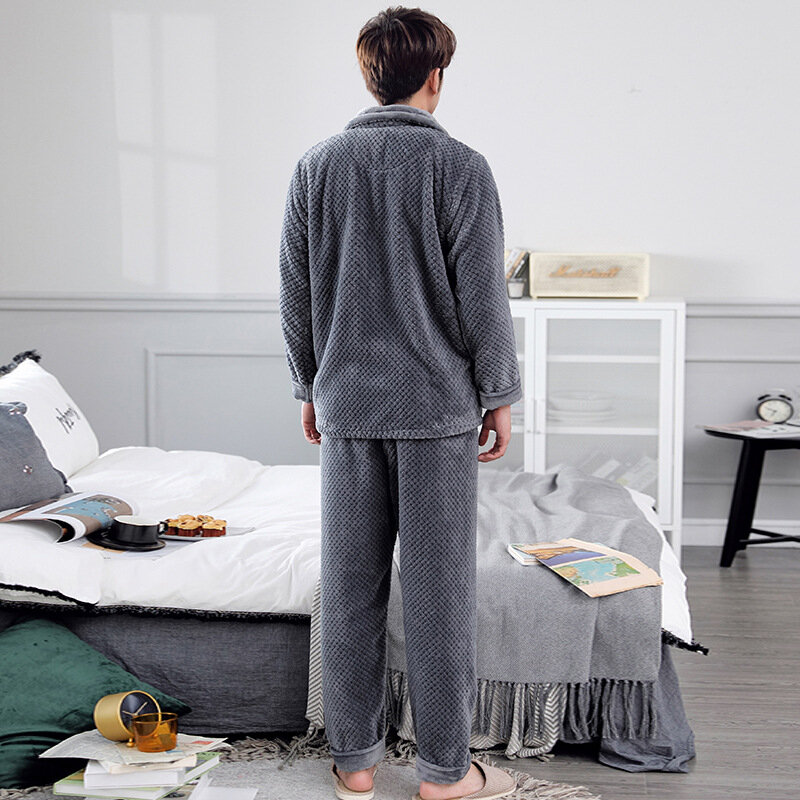 Pijamas de lana Coral para hombre, conjunto de 2 piezas, de terciopelo grueso y cálido, franela, servicio a domicilio, Otoño e Invierno