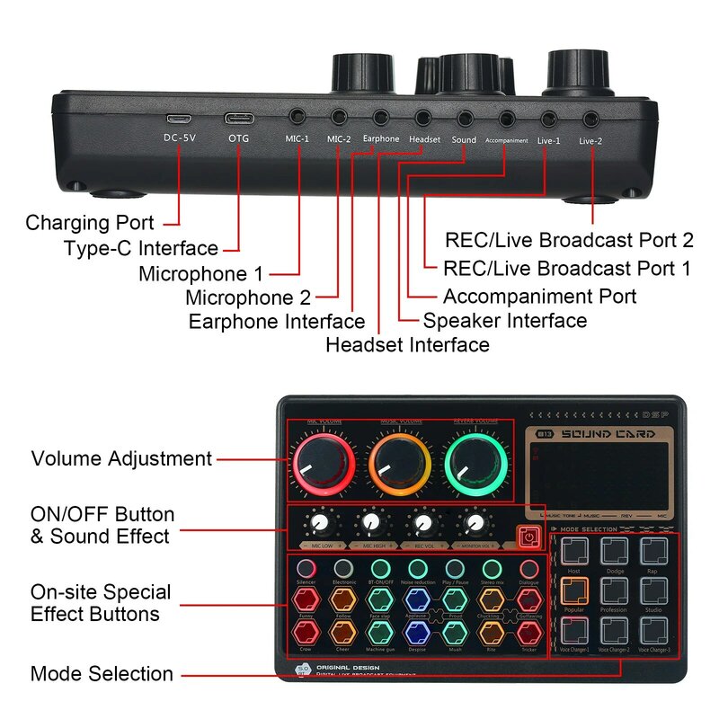 X6mini zewnętrzna karta dźwiękowa na żywo Mini mikser dźwięku na przekaz na żywo nagrywanie muzyki Karaok z 14 efektami specjalnymi