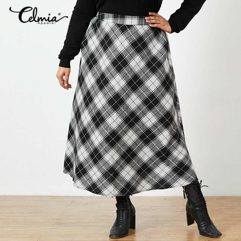 Celmia 패션 체크 롱 스커트 플러스 사이즈 빈티지 여성 체크 무늬 맥시 스커트, 2021 가을 오피스 포켓 캐주얼 루즈 파티 스커트