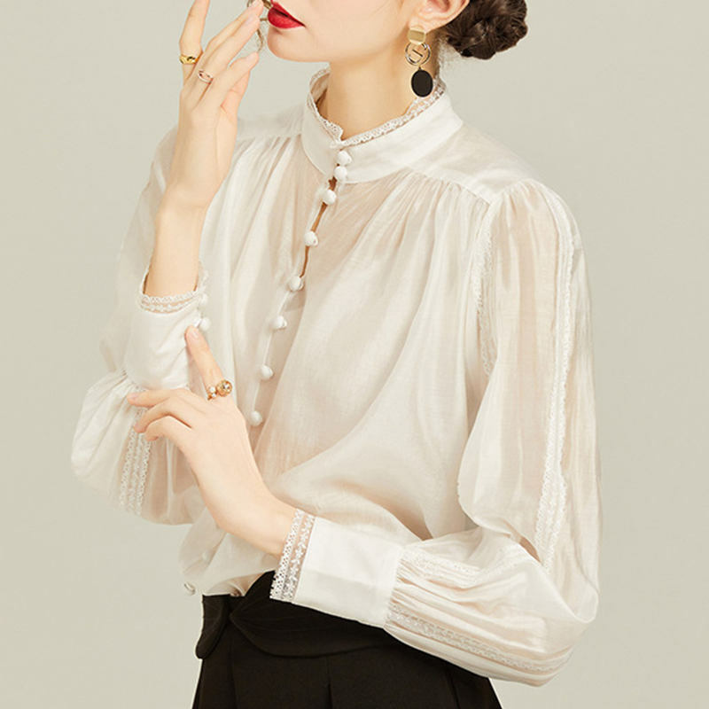 Camisa feminina com gola de renda e manga longa, camisa retrô da moda, gola redonda, chiffon, primavera/verão, 2021
