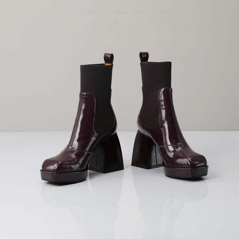 Morazora-botas femininas de couro legítimo, calçado alto, feminino, cano alto, quadrado, primavera, outono