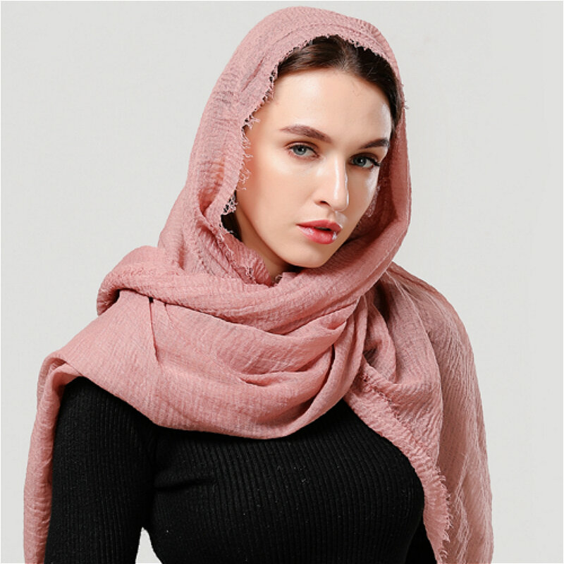 Cotton Crinkle Muslim Hijab Scarf for Women Solid Shawls Wraps Foulard Islamic Ladies Soft Turban Muffler Female Bandana 2021