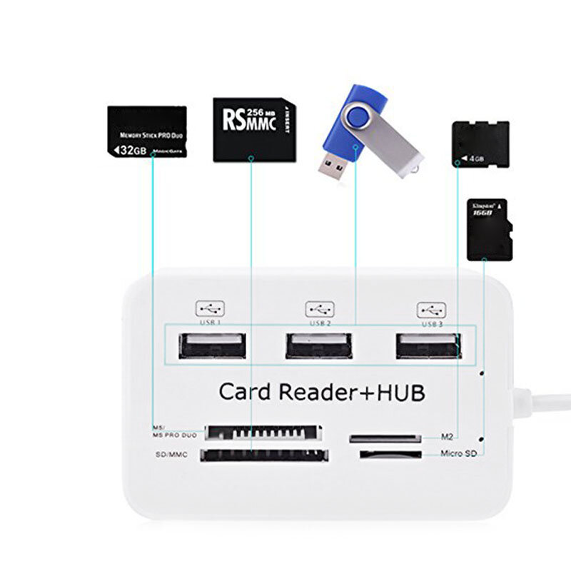 All In One USB 2.0 Hub 3พอร์ต USB Hub Card Reader 2.0 480Mbps สำหรับ MS/m2/SD/MMC/TF สำหรับ PC แล็ปท็อป