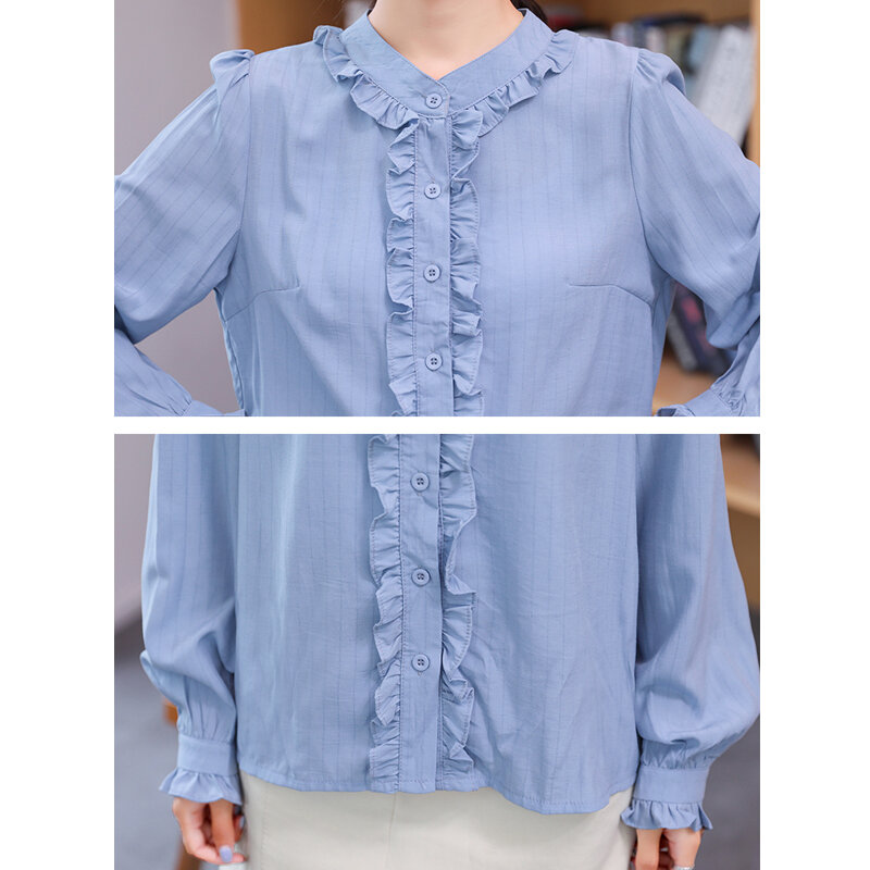 بلوزات علوية عصرية مكشكشة للنساء بلوزة شيفون مكتب بياقة ثابتة قميص نسائي بأكمام طويلة بلوزات أنيقة 2021