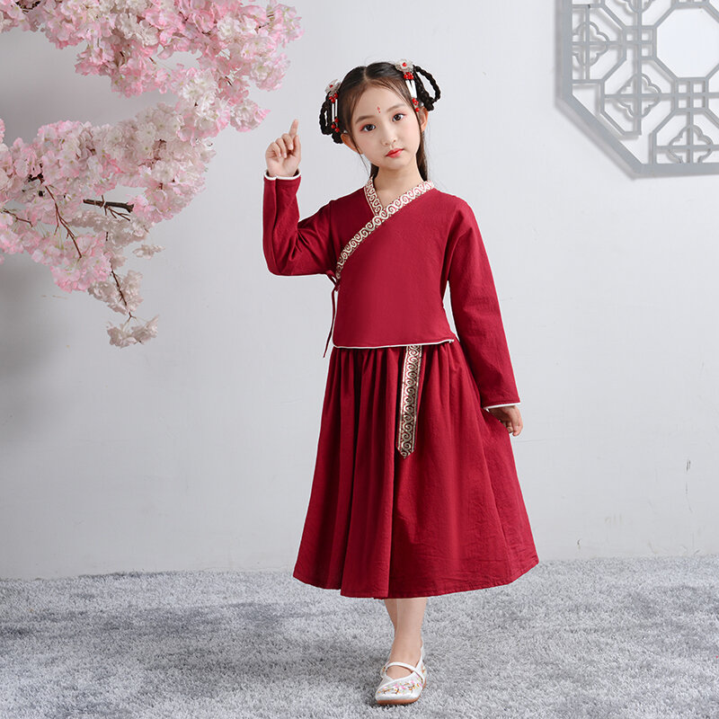 Crianças do vintage estilo chinês algodão linho festival roupas para o bebê meninas hanfu crianças antigo chinês tradicional han fu menina