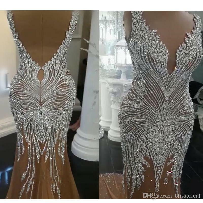 crystal prom dresses 2021 mermaid deep v neck beading shinning mermaid beaded evening dresses gowns
